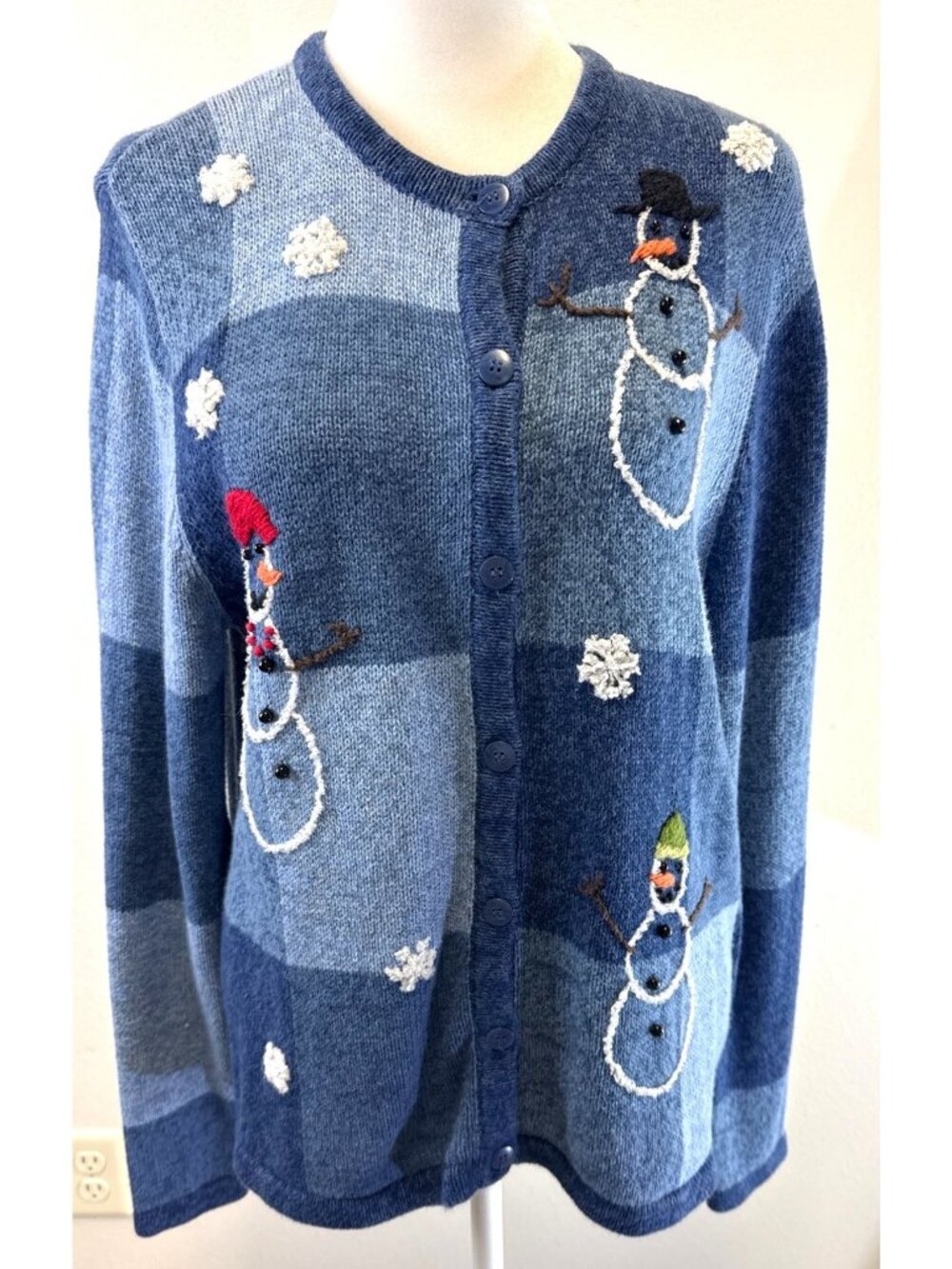 VTG Breckenridge Blue Patchwork Snowman Cardigan Sweater Medium Petite Grandma